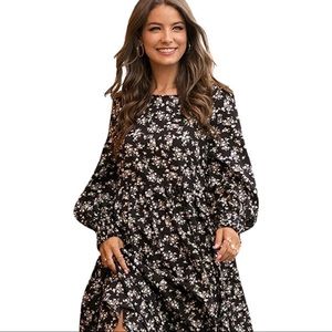 Casual Floral Boho Long Sleeve Maxi Dress, S